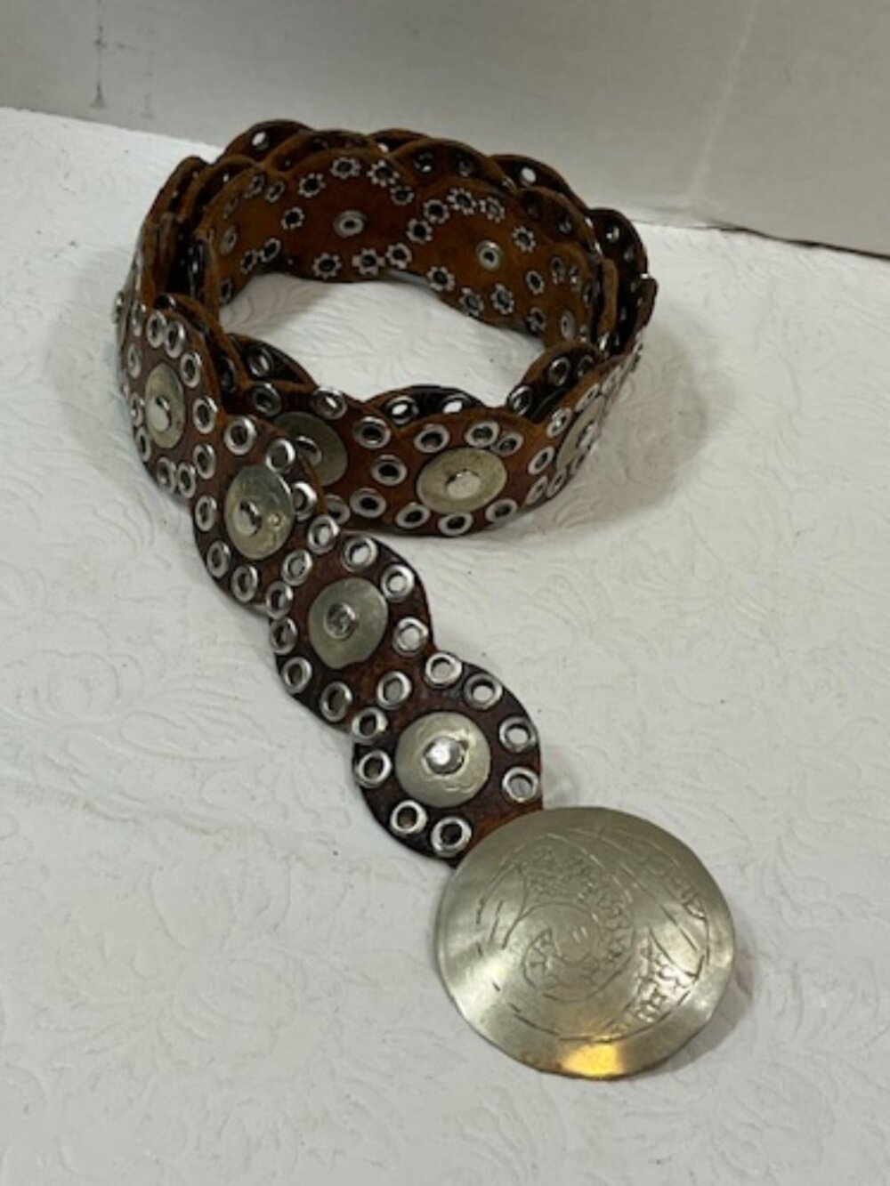 VTG Brown Leather Bohemian Concho Belt Studded Metal Segments & Engraved Buckle
